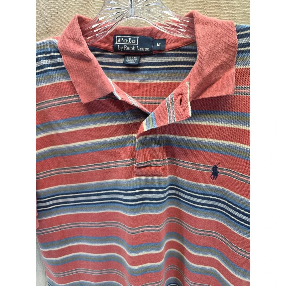 Polo Ralph Lauren Mens Medium Striped Short Sleeve Polo Shirt Salmon Blue Pink